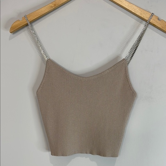 Debut NWOT Rhinestone Spaghetti Strap Taupe Fitted Crop Ribbed Knit Cami Top S/M - Picture 11 of 11